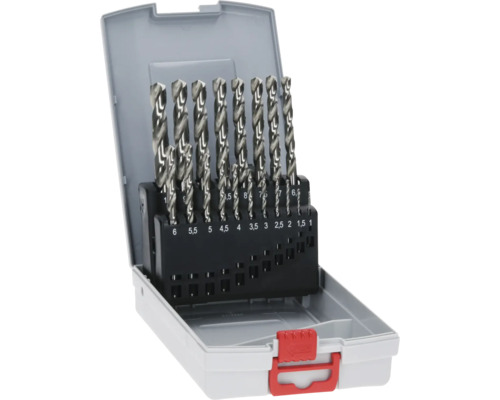 Jeu de forets HSS-G 135 ProBox Bosch 19 pièces Jeu de forets hélicoïdaux en acier dans un coffret en plastique gris avec fermoir rouge et marquage des tailles.