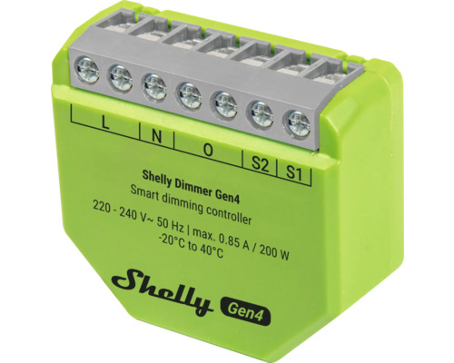 Contrôleur de gradation intelligent Shelly Dimmer Gen4 pour la commande d'éclairage domotique avec bornes à vis.