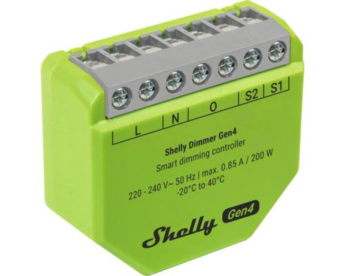 Shelly Dimmer Gen4, contrôleur de variation intelligent vert en plastique, 220 à 240 Volt, 200 Watt, bornes L, N, O, S2, S1.