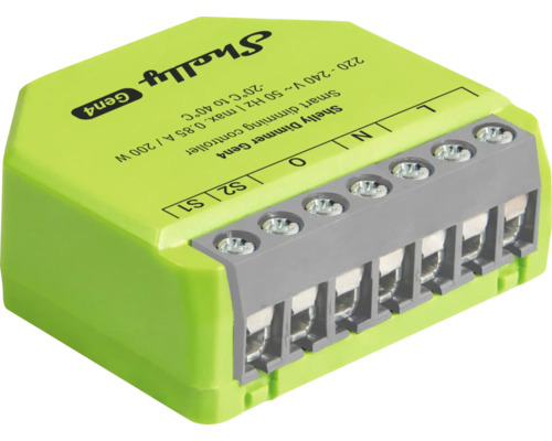 Contrôleur de variation intelligent vert Shelly Dimmer Gen4 pour domotique, compatible 220 à 240 Volts avec borniers de connexion gris.