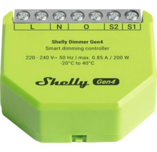 Variateur intelligent Shelly Dimmer Gen4 avec une puissance maximale de 200 Watts et des bornes de raccordement.