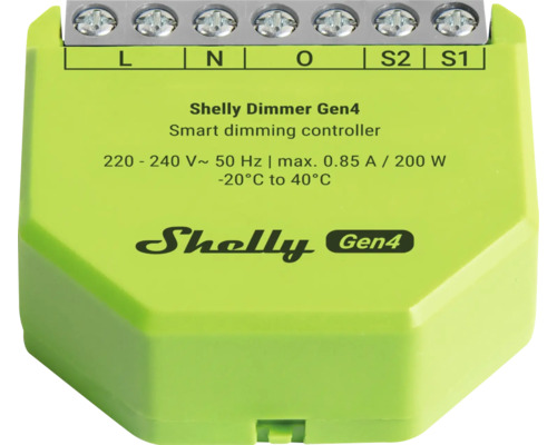 Variateur intelligent Shelly Dimmer Gen4 avec une puissance maximale de 200 Watts et des bornes de raccordement.