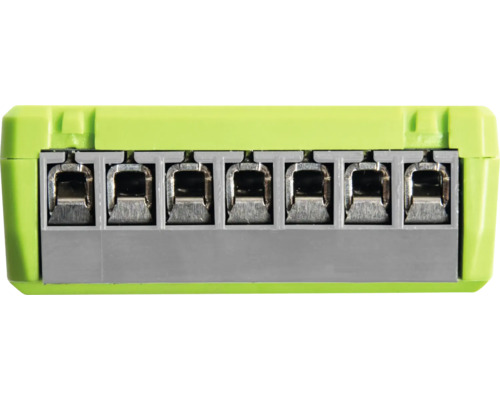 Borne de raccordement à sept pôles avec contacts métalliques pour installations électriques.