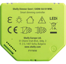 Contrôleur de gradation intelligent Shelly Dimmer Gen4 avec numéro de modèle S4DM-0A101WWL et symboles techniques.