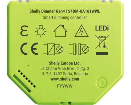 Contrôleur de gradation intelligent Shelly Dimmer Gen4 avec numéro de modèle S4DM-0A101WWL et symboles techniques.