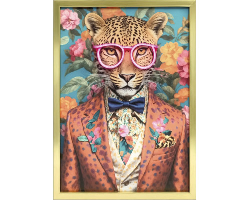 Gerahmtes Bild eines Leoparden mit Brille, Fliege und Jackett vor floralem Hintergrund