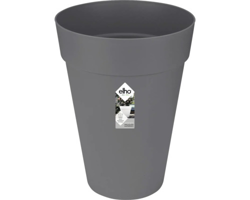 Pot de fleurs gris avec logo Elho et symbole de matériaux recyclés