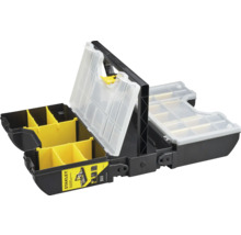Organiseur d'outils Stanley 3-en-1 en plastique noir avec compartiments jaunes, couvercles transparents et poignée de transport.