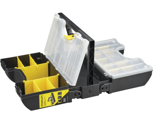 Organiseur d'outils Stanley 3-en-1 en plastique noir avec compartiments jaunes, couvercles transparents et poignée de transport.