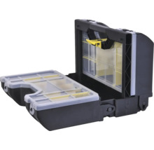 Organiseur ouvert en plastique pour outils ou petites pièces avec compartiments transparents et poignée de transport.