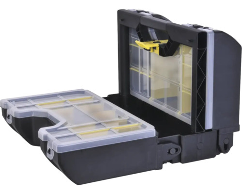 Organiseur ouvert en plastique pour outils ou petites pièces avec compartiments transparents et poignée de transport.