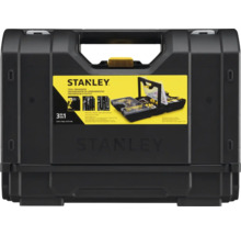 Organiseur d'outils Stanley en plastique avec poignée et fermoirs pour outils et accessoires.