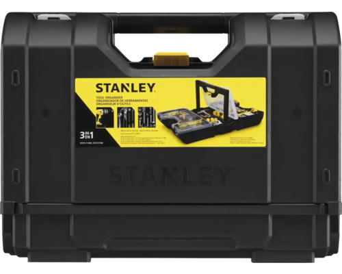 Organiseur d'outils Stanley en plastique avec poignée et fermoirs pour outils et accessoires.
