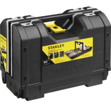 Organiseur d'outils Stanley 3 en 1 en plastique noir avec fermeture jaune et poignée de transport.