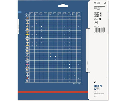 Anwendungstabelle für Bosch Expert Zubehör für verschiedene Materialien.