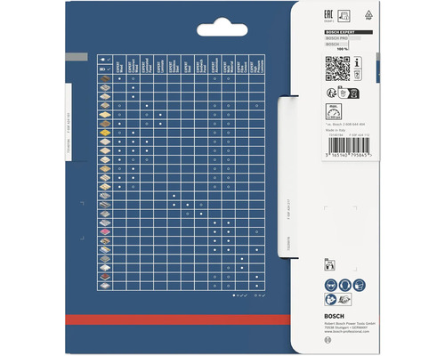 Rückseite der Bosch Expert Kreissägeblattverpackung mit Materialvergleichstabelle, Sicherheitssymbolen für Schutzausrüstung und Bosch Logo.