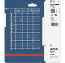 Dos de l'emballage Bosch Expert avec un tableau de compatibilité des matériaux pour lames de scie circulaire et symboles de sécurité.