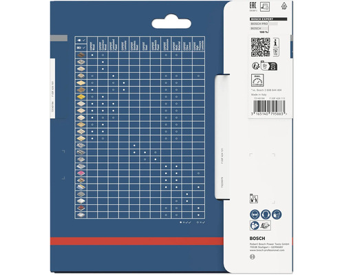 Dos de l'emballage Bosch Expert avec un tableau de compatibilité des matériaux pour lames de scie circulaire et symboles de sécurité.