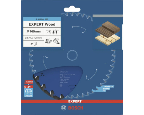 Lame de scie circulaire Bosch Expert for Wood, diamètre 165 mm, 24 dents, pour bois, ajustement universel.