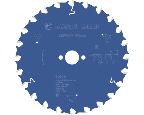 Lame de scie circulaire Bosch Expert for Wood, 165 par 2,6 par 20 millimètres, 24 dents, bleue.