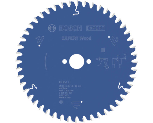 Lame de scie circulaire Bosch Expert for Wood, diamètre 165 millimètres, alésage 20 millimètres, 48 dents.