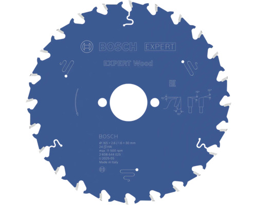 Kreissägeblatt Expert for Wood Ø 165x30 mm Z 24 Blaues Bosch Kreissägeblatt Expert for Wood, Durchmesser 165 Millimeter, Bohrung 30 Millimeter, 24 Zähne.