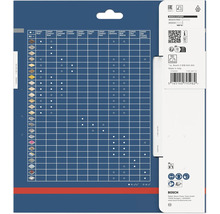 Fiche technique Bosch Expert pour lames de scie avec tableau de compatibilité des matériaux, données techniques, symboles de sécurité et logo Bosch.
