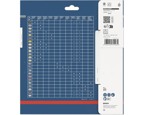 Fiche technique Bosch Expert pour lames de scie avec tableau de compatibilité des matériaux, données techniques, symboles de sécurité et logo Bosch.