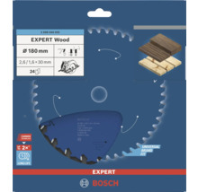Lame de scie circulaire Bosch Expert for Wood, diamètre 180 millimètres, alésage 30 millimètres, 24 dents, Carbide Technology, logo Bosch.