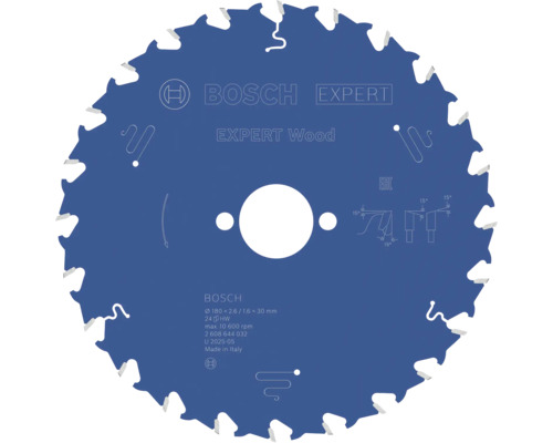 Lame de scie circulaire Bosch Expert Wood, diamètre 180 millimètres, alésage 30 millimètres, 24 dents, pour bois.