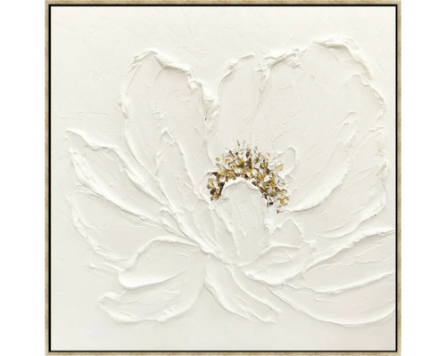 Peinture avec fleur blanche et accents dorés dans un cadre