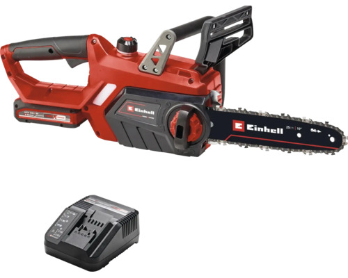 Tronçonneuse sans fil Einhell rouge avec guide de 25 centimètres, chargeur et batterie inclus.