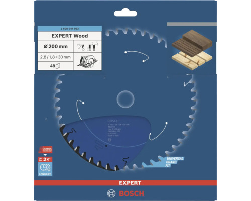 Lame de scie Bosch Expert Wood, diamètre 200 millimètres, 48 dents, technologie Carbide pour une longue durée de vie dans le bois.