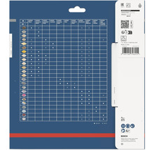 Dos de l'emballage de lame de scie circulaire Bosch Expert avec tableau de compatibilité, symboles de sécurité et Bosch Logo.