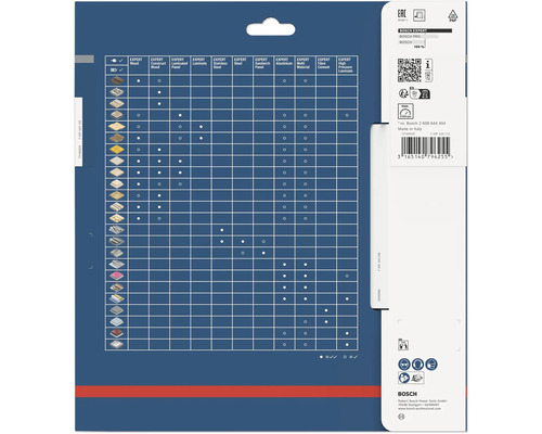 Dos de l'emballage de lame de scie circulaire Bosch Expert avec tableau de compatibilité, symboles de sécurité et Bosch Logo.