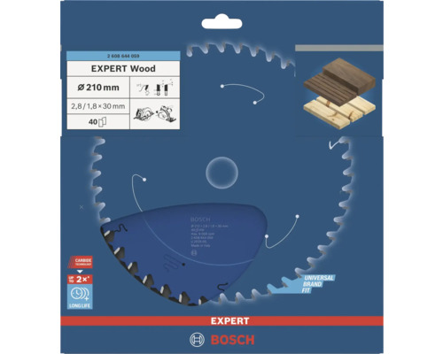 Lame de scie circulaire Bosch Expert for Wood, diamètre 210 millimètres, alésage 30 millimètres, 40 dents, Carbide Technology, Bosch Logo.