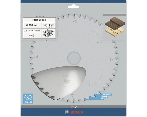 Lame de scie circulaire Bosch PRO Wood, diamètre 254 millimètres, 40 dents, pour le bois, Universal Brand Fit, longue durée de vie, Bosch Logo.