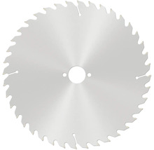 Lame de scie circulaire en métal avec de nombreuses dents pointues et un alésage central.