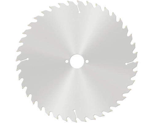 Lame de scie circulaire en métal avec de nombreuses dents pointues et un alésage central.