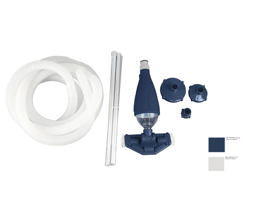 Kit de nettoyage pour piscine comprenant un tuyau blanc, des perches télescopiques en aluminium, une tête d'aspirateur avec brosses et un réservoir.