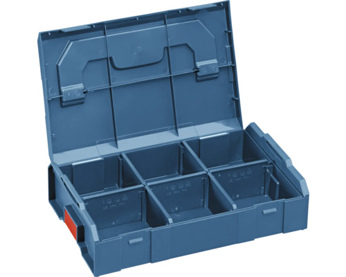 Boîte à outils bleue ouverte avec compartiments pour ranger les outils et les accessoires