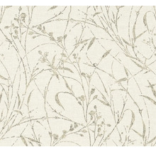 Papier peint intissé avec motif floral délicat de branches, feuilles et bourgeons.