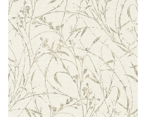 Papier peint intissé avec motif floral délicat de branches, feuilles et bourgeons.