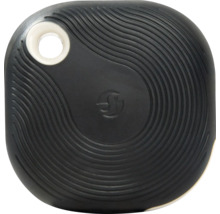 Bouton Bluetooth noir avec Shelly Logo, structure de surface ondulée et ouverture de fixation ronde.