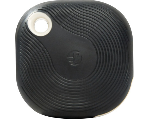 Bouton Bluetooth noir avec Shelly Logo, structure de surface ondulée et ouverture de fixation ronde.