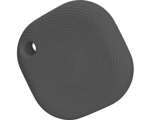 Traceur Bluetooth gris foncé compact avec surface structurée, trou pour porte-clés et Samsung Logo.