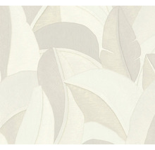 Vliestapete mit großflächigem Bananenblatt-Muster, strukturierte Oberfläche, botanisches Design.