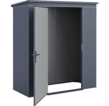 Abri de jardin en métal avec toit en pente et une porte ouverte.