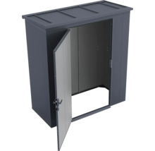 Armoire de jardin en métal anthracite avec une porte ouverte.