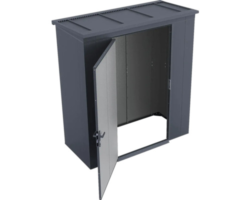 Armoire de jardin en métal anthracite avec une porte ouverte.